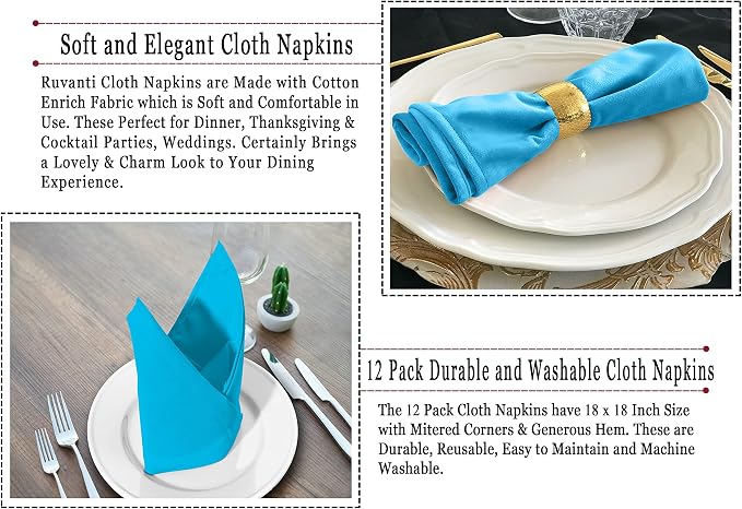 Ruvanti Cloth Napkins set of 12, 18x18 Inches Napkins Cloth Washable, Soft, Durable, Absorbent, Cotton Blend. Table Dinner Napkins Cloth for Hotel, Lunch, Restaurant, Wedding Event, Parties - Sky Blue - Image 6