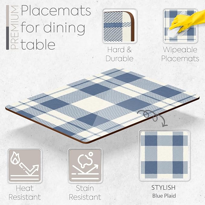 Set of 4 Heat Resistant Country Farmhouse Placemats for Dining Table with Free Set of 4 Matching Drink Coasters Rustic Vintage Design 16 x 12 Inches Cork Backed Hard Placemats/Blue Plaid - Image 2
