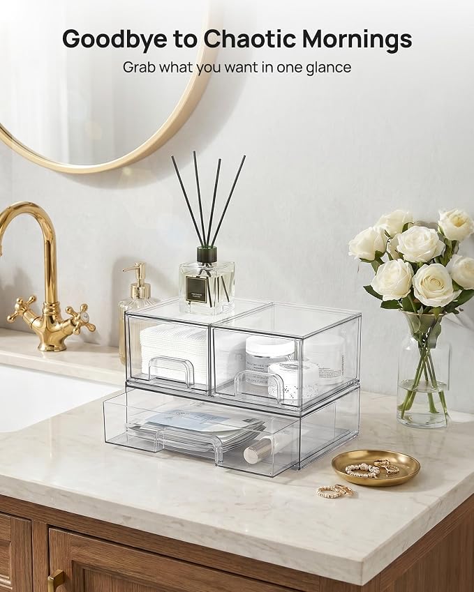 Vtopmart Stackable Storage Drawers Set of 3,Clear Plastic Organizer Bins for Makeup, Cosmetics, Beauty Supplies,Ideal for Vanity, Bathroom,Cabinet,Pantry Organization - Image 3
