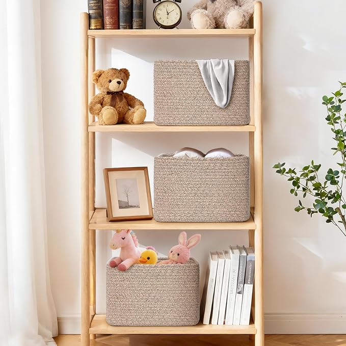 Storage Baskets for Organizing, 4 Pack Baskets for Shelves, Decorative Storage Bins for Shelves, Cotton Rope Storage Basket with Handles, Woven Basket for Storage, 13''Lx8.7''Wx7.9''H, Brown - Image 2