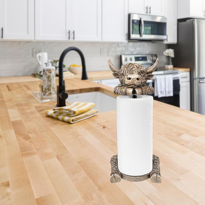 Rustic Highland Cow Paper Towel Holder - Resin Metal Farmhouse Decor Stand | Unique country-style kitchen/dining countertop organizer, adorable animal figurine display, ideal gift, fits standard rolls - Image 8