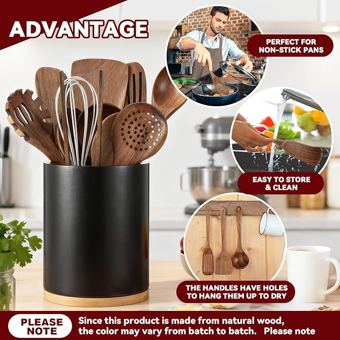 SiliFine 11 Pcs Wooden Kitchen Utensils Set with 360° Rotating Holder Acacia Wood Cooking Utensils with Cooking Spoons Spatulas for Nonstick Cookware Countertop(Straight Wood Holder,Black) - Image 3