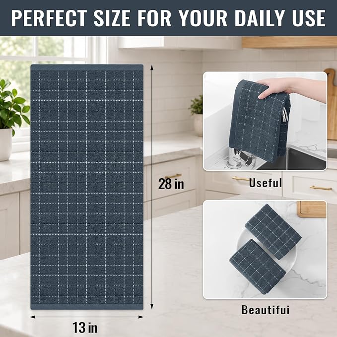Kitinjoy 100% Cotton Terry Kitchen Towels, 13”x 28”, 6-Pack, Dark Grey | Checkered Designed, Ultra Soft Absorbent Quick Drying Dish Towels - Image 4