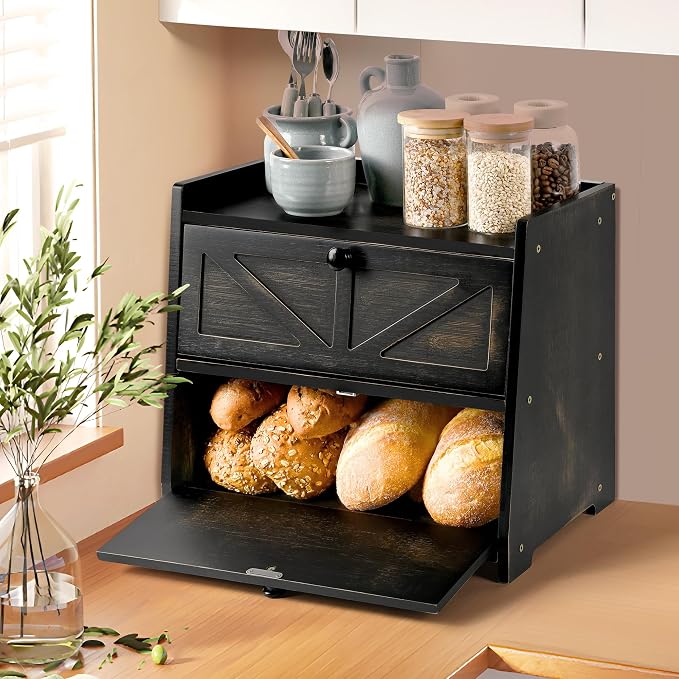 Bamboo Corner Bread Box for Kitchen Countertop 2-Tier Black | Farmhouse Bread Storage Container, Large Pantry Organizers for Homemade Snacks, Loaves, Breathable Keeps Bread Fresh - Image 3