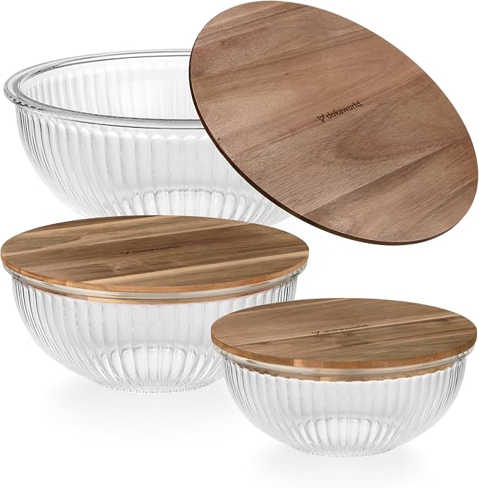 Set of 3 Stackable Space-Saving Nesting Glass Salad Bowls with Acacia Lids for Foodprep, Storage, Baking, Mixing & Cooking - Microwave Safe Durable Inert Borosilicate Glass by Dokaworld
