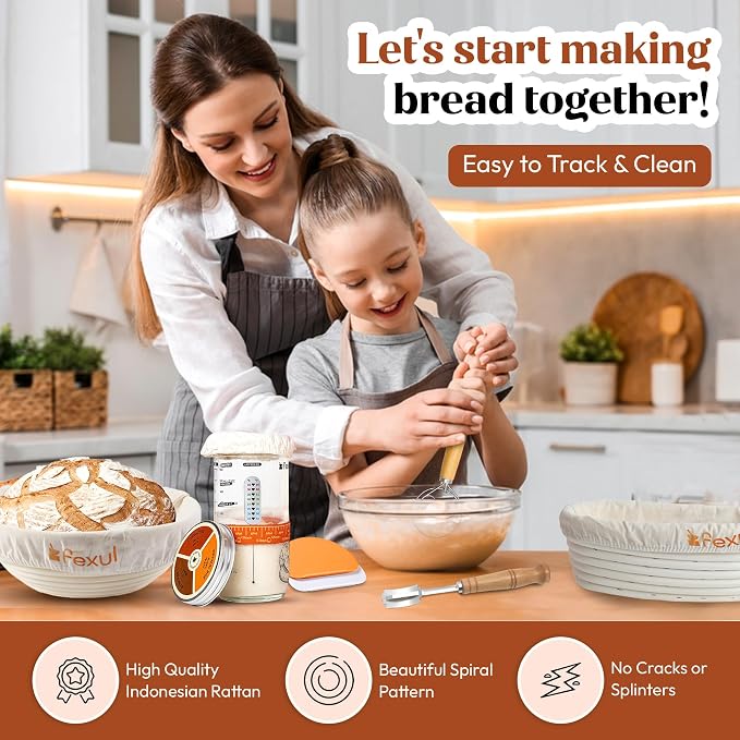 Sourdough Starter Kit with 9” Round & 10” Oval Banneton Bread Proofing Baskets, 24oz Starter Jar, Recipe Book & Tools – Complete Sourdough Bread Baking Supplies with Whisk, Scraper & Accessories - Image 8