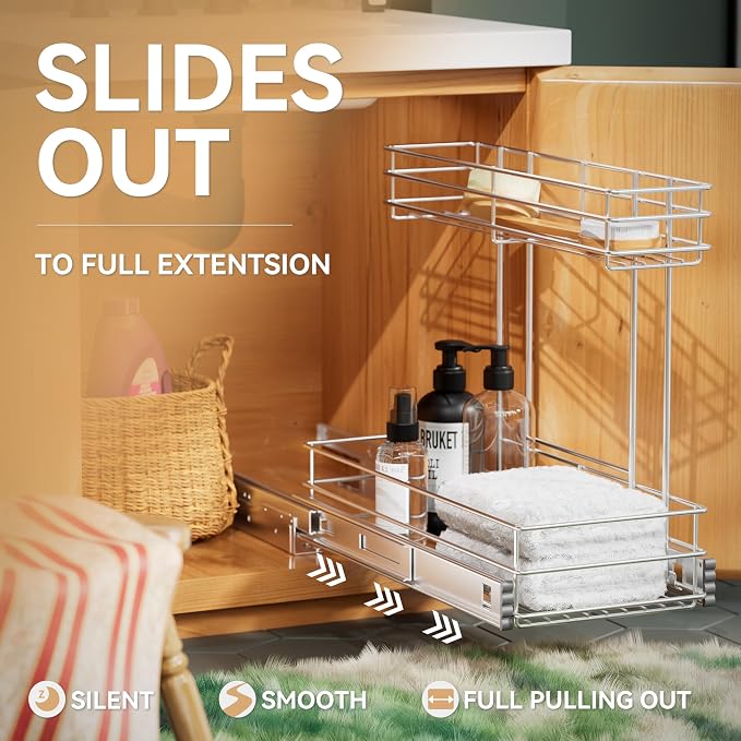 Under Sink Organizer 9" W X19 D, Pull Out Cabinet Organizer 2 Tier | Chrome Plated, Full Slide Out, Under Kitchen Bathroom Sink Organizer, Pantry Cabinet Closet Organization Rack, 1 Pack - Image 5