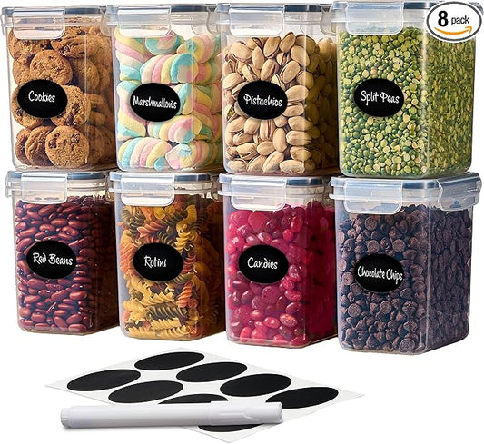 DWËLLZA KITCHEN Airtight Food Storage Container Set - 8 Pieces 1.4L - Plastic BPA Free Kitchen Pantry Storage Containers with Lids - Dishwasher Safe - Include 8 Labels - Keeps Food Fresh & Dry by DW%C3%8BLLZAKITCHEN
