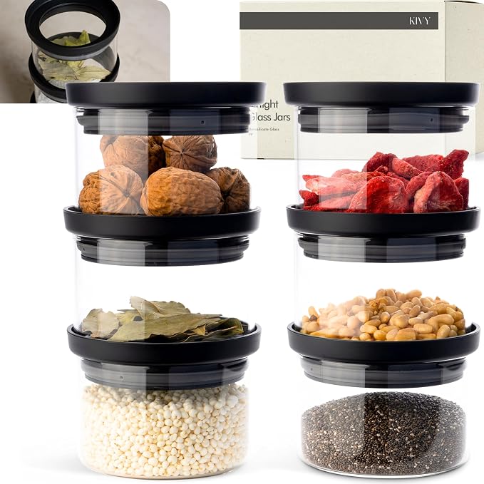 KIVY Glass spice jars transparent Glass Lid [6x 12oz] Stackable & Airtight small glass jars - Spice containers - Seasoning jars tea - Spice storage containers - Spice jars with black lids & labels by KIVY