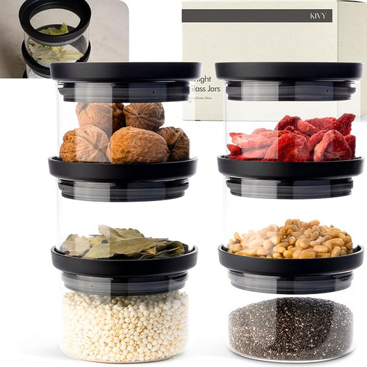 KIVY Glass spice jars transparent Glass Lid [6x 12oz] Stackable & Airtight small glass jars - Spice containers - Seasoning jars tea - Spice storage containers - Spice jars with black lids & labels by KIVY