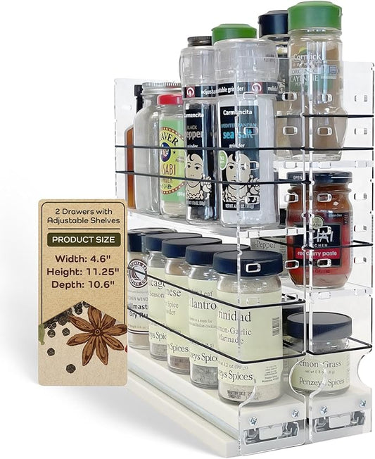 Adjustable Spice Rack Drawer - Pull Out Cabinet Organizer - Kitchen and Pantry Organizers and Storage - Spice Caddy - 2 Drawers, 3 Upper Tier (4.6" W x 11.25" H x 10.6" D, Cream) by VerticalSpice