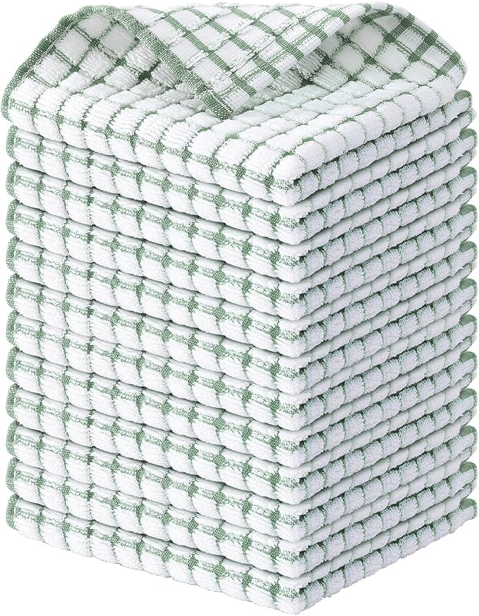 Kitinjoy Cotton 12 Pack Terry Kitchen Dish Cloths, Grass Green | 12 x 12 Inches Super Soft and Absorbent Dish Rags, Quick Drying Dish towels for Washing Dishes by Kitinjoy
