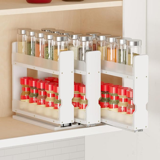 SpaceAid Bamboo Pull Out Spice Rack Organizer for Cabinet, Heavy Duty Slide Out Seasoning Kitchen Pantry Sliding Vertical Organization, 7.6" Wide, 3 Drawers(2" Wide), 2-Tier, White by SpaceAid