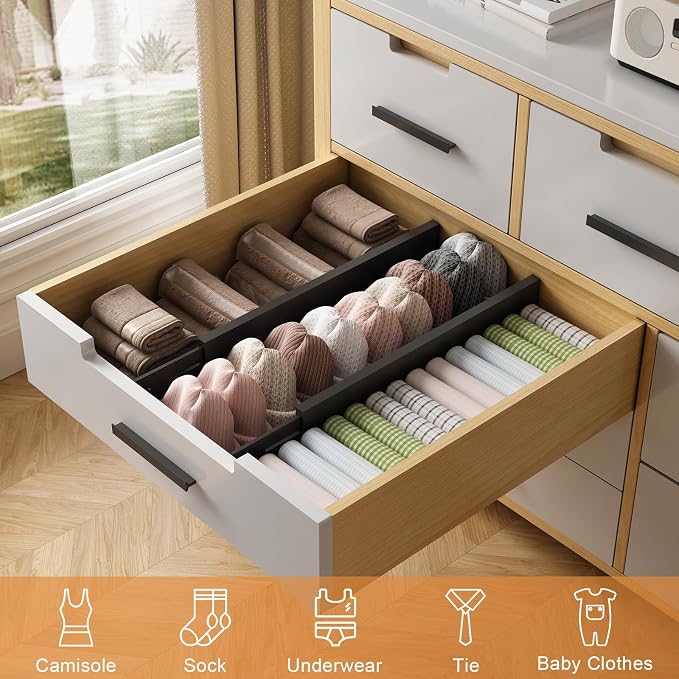 Bamboo Drawer Dividers, Adjustable Drawer Organizers, Fits 17.6–21" Drawers | 2.5" High, 8 Pack Expandable Drawer Separators for Kitchen, Nursery, Dressers & Office Storage, Black - Image 4