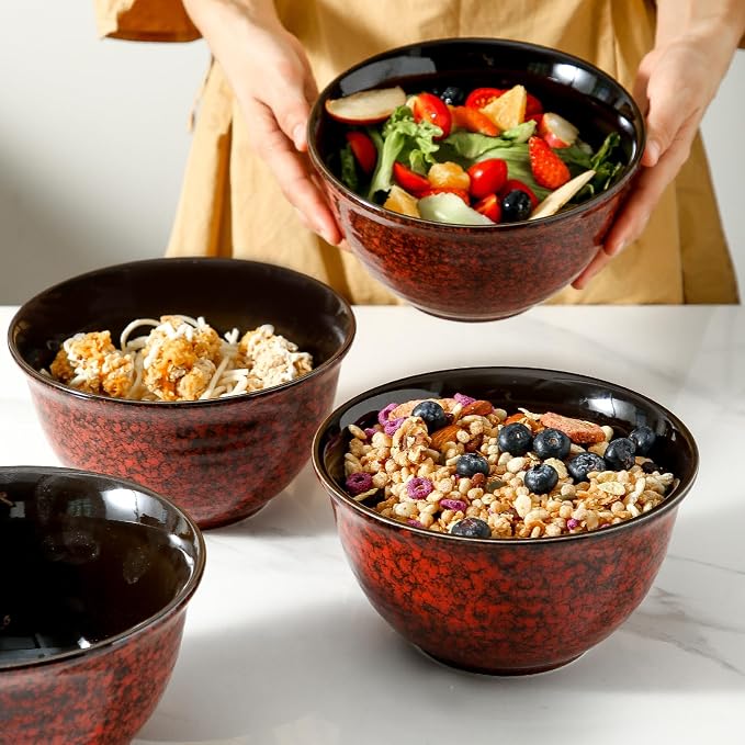 HASENSE Ceramic Soup Bowls, 40 Oz Serving Bowls Set of 4, Cereal Bowls, Salad Bowls for Pasta Soup Popcorn, Dishwasher & Microwave Safe, Christmas Thanksgiving Gifts, Red - Image 2