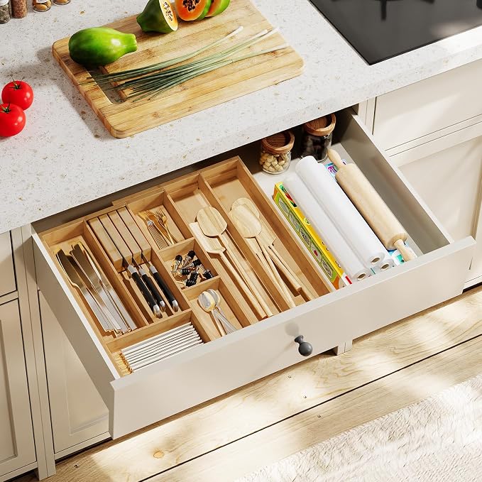 HOOBRO Large Silverware Organizer Kitchen Drawer Organizer, Magnetic Connected Expandable Utensil Organizer From 22.8 to 35.4 Inches, Bamboo 16 Slots Cutlery Tray with Knife Holder, Natural YL07TL01 - Image 4