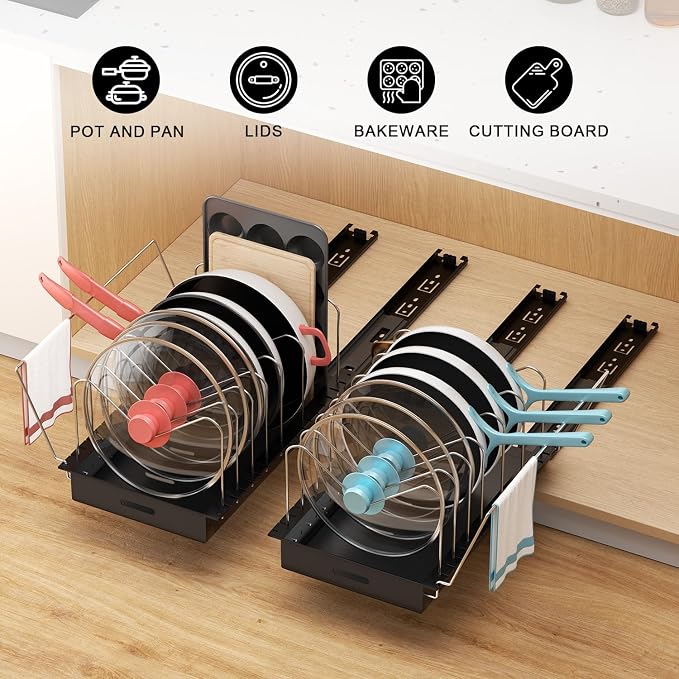 Pots and Pans Organizer Under Cabinet, Pot Lid Holder, 2 Pack | No Drill Slide-Out Pan Organizer with Adjustable Dividers & Handle Bracket, Pan Storage Inside Cabinet for Kitchen - Image 8