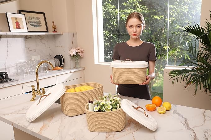 Set of 3 Nesting Woven Storage Baskets with Lids, Cotton Rope Decorative Basket Set for Shelf Closet Living Room Organizing, Rectangular Beige & White - Image 7