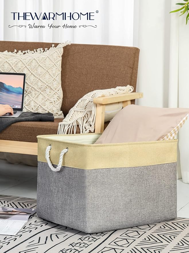 Storage Bins Baskets for Organizing - Extra Jumbo 3 Pack 20.5Lx15.7Wx13.8H Sturdy Fabric Storage Basket for Shelves, Decorative Foldable Closet Nursery Toy (Gold&Grey) - Image 8