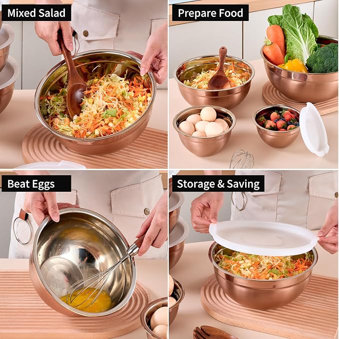 Rose Gold Mixing Bowls with Lids Set of 7, Stainless Steel Nesting Bowl with Khaki Lid for Non-slip Mixing Prepping Storing Serving, 7 Sizes-7/3.6/2.7/2.1/1.5/1/0.8 QT - Image 6