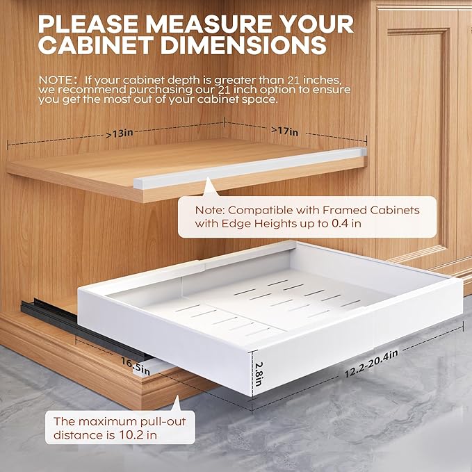 Seinloes 1 Pack Expandable Pull Out Cabinet Organizer 21" Deep with Raising Pad for Framed Cabinets,Upgrade 3 Slide Rails Slide Out Drawers,Roll Out Shelves Adhesive,Adjustable Width 12.05"-20.4"White - Image 4