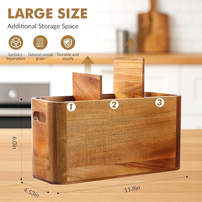 Kitchen Utensil Holder for Counter or Countertop, Extra Large Acacia Wood Organizer with 3 Compartments, Wooden Storage for Cooking and Silverware, Rustic Minimalist Decor, Sturdy Utensil Crock - Image 4