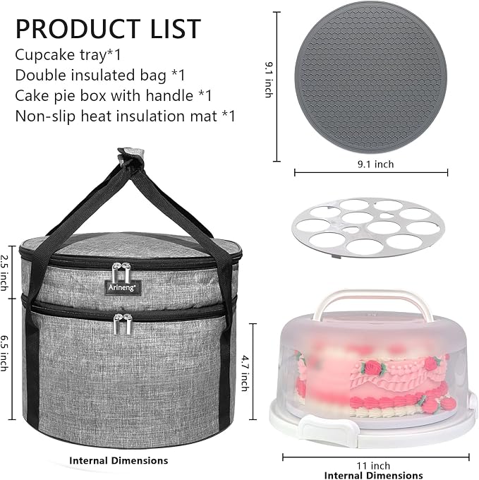 10 inch Round Cake Carrier Box with Lid and Handle, Transportation Insulated Bag for Cakes, Cupcakes and Pies, Triple Locking Design for Safe Transportation (Grey, 5.5 Inches High) - Image 2