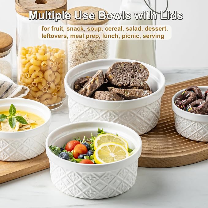 40oz Large Ceramic Mixing Bowls with Lids Set of 4, Ramekin Bowls Oven Safe, Serving Bowls with Lids, Meal Prep Containers, Airtight Food Storage Containers Set for Housewarming, White - Image 3