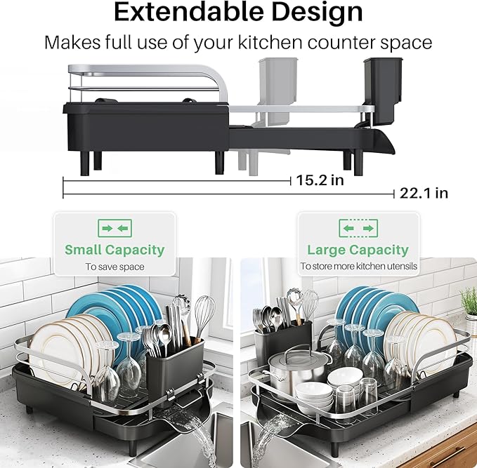 SNTD Expandable Dish Drying Rack for Kitchen Counter, 15.2-22.1 in, Black | Rust-Resistant Stainless Steel, Protective Side Rails, Self-Draining Drainboard, Removable Utensil Holder - Image 3