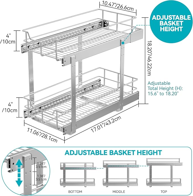 2 Tier Pull Out Cabinet Organizer 11" W X 22" D, Chromed, Full Slide Out | For Kitchen Organizers and Storage, Pull Out Drawers For Cabinets Capacity Heavy Duty Caddy, Cabinet Shelves, Bathroom Pantry - Image 2