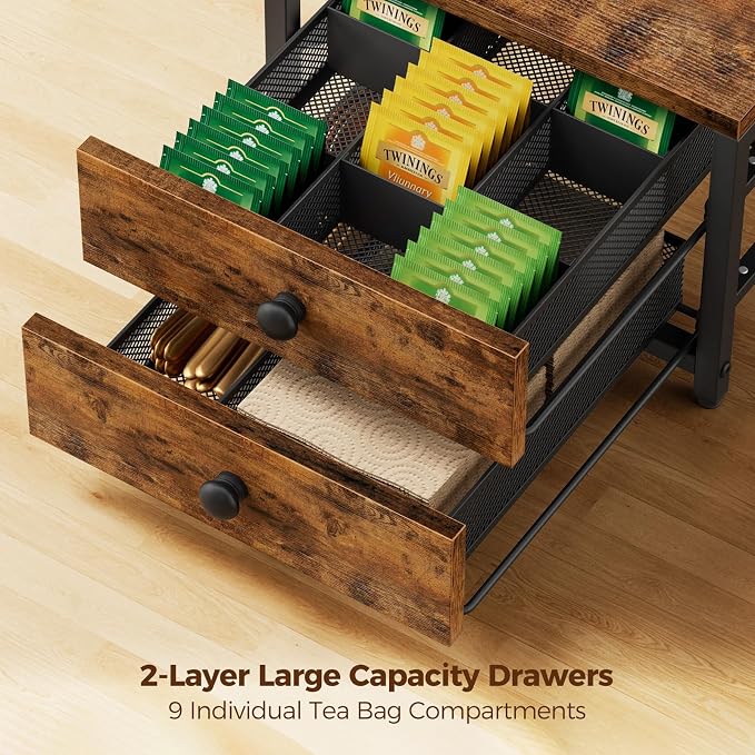 Plaviya Wood Tea Bag Organizer with 2 Drawers for Countertop | Tea Bag Holder and Storage, 9 Compartments, Utility, Home, Kitchen, Office, Rustic Brown - Image 7