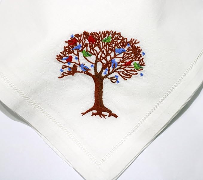 Embroidered Cotton Napkins with Tree of Life and Birds. Set of 6, 18"x18" White Table Napkins, Hemstitch Dinner, Party Napkins for Daily & Holidays, Events - Image 3