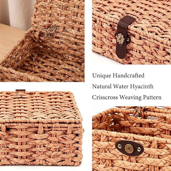 Set of 2 Water Hyacinth Wicker Storage Baskets with Lid | Rectangular woven decorative bins for shelf desktop home organization decor - Image 3