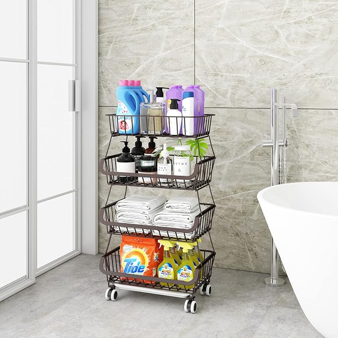 Fruit Vegetable Storage Basket for Kitchen - 4 Tier Stackable Metal Wire Baskets Cart with Rolling Wheels Utility Fruits Rack Produce Snack Organizer Bins for Pantry Bathroom Laundry Bronze - Image 5