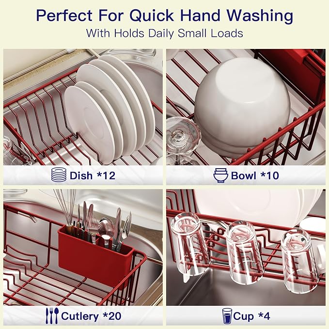 Red Dish Drying Rack Over The Sink with Utensil Holder | Expandable Stainless Steel Dish Drainer for Small Kitchen, Apartment, RV, Counter Space Saving, Perfect Fit, Rustproof - Image 6