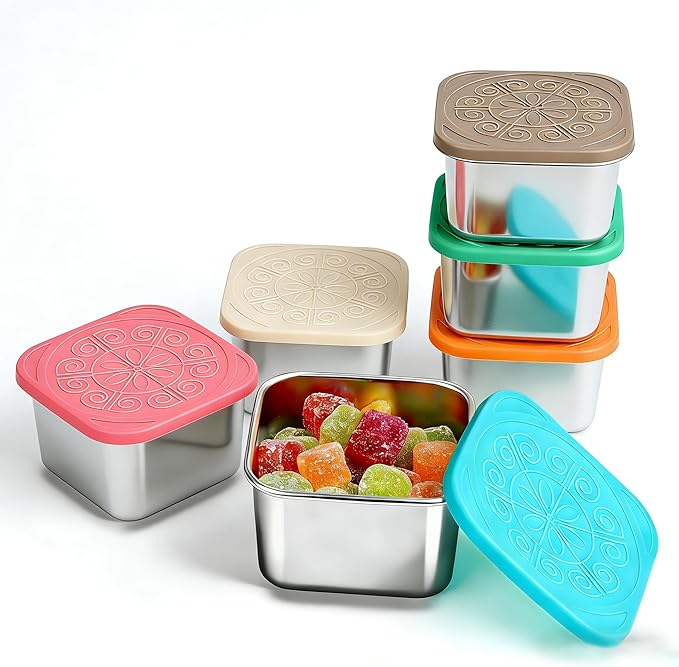 6 Pack 180ml/6oz Stainless Steel Snack Containers with Silicone Lids | 180ml Small Metal Food Storage Boxes for School Daycare Picnic Summer Camp, Reusable BPA-Free Meal Prep Condiment Cups by EKACO