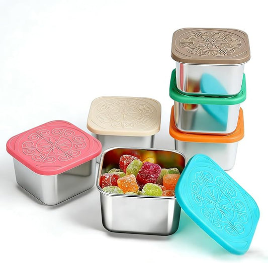 6 Pack 180ml/6oz Stainless Steel Snack Containers with Silicone Lids | 180ml Small Metal Food Storage Boxes for School Daycare Picnic Summer Camp, Reusable BPA-Free Meal Prep Condiment Cups by EKACO