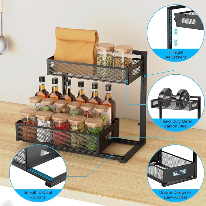 Petiza Under Sink Organizer Pull Out Cabinet Organizer Adjustable Height 2 Tier with Sliding Drawers Kitchen Bathroom Organizer and Storage(1pc) - Image 4