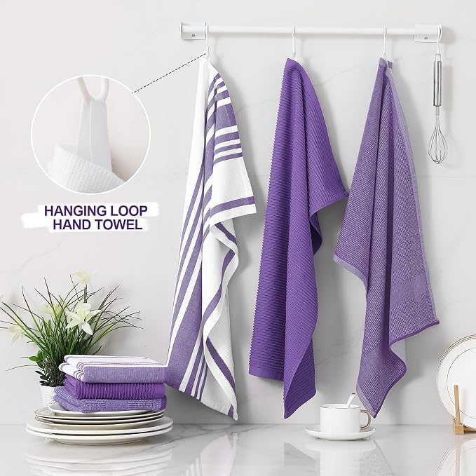 Homaxy Cotton 380 GSM Premium Kitchen Towels, 18"x 28", 6 Pack, Purple | Soft and Absorbent Terry Dish Towels, Multipurpose Tea Towel Set with Hanging Loop, 3 Styles Kitchen Hand Towels - Image 3