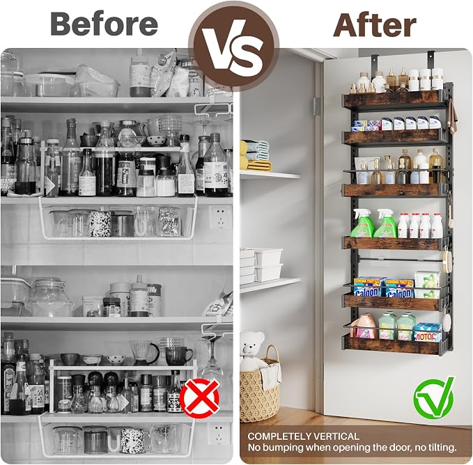 6 Tier Over The Door Pantry Organizer, 2 IN 1 Wall Mount or Metal Hanging Spice Rack for Pantry Organizers and Storage, Seasoning Shelves，Adjustable Basket with Hooks for Kitchen Cabinet and Closet - Image 3