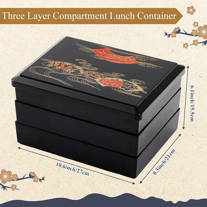 Teenyyou 1 Pcs Three -Tier Japanese Lunch Bento Box 10.6 x 8.3 x 6.1 Inch Japanese Stackable Lunch Box Divided Bento Container with Greaseproof Gift for Sushi Meal Snack Home Restaurant - Image 2