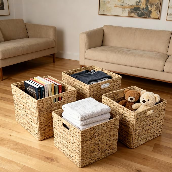 12x12in Storage Baskets,Set of 4 Water Hyacinth Baskets,Wicker Cube Baskets Laundry Organizer,Foldable Handwoven Storage Cubes,for Cube Shelf,Collapsible Laundry Baskets Pantry,Living Room,Bedroom - Image 7