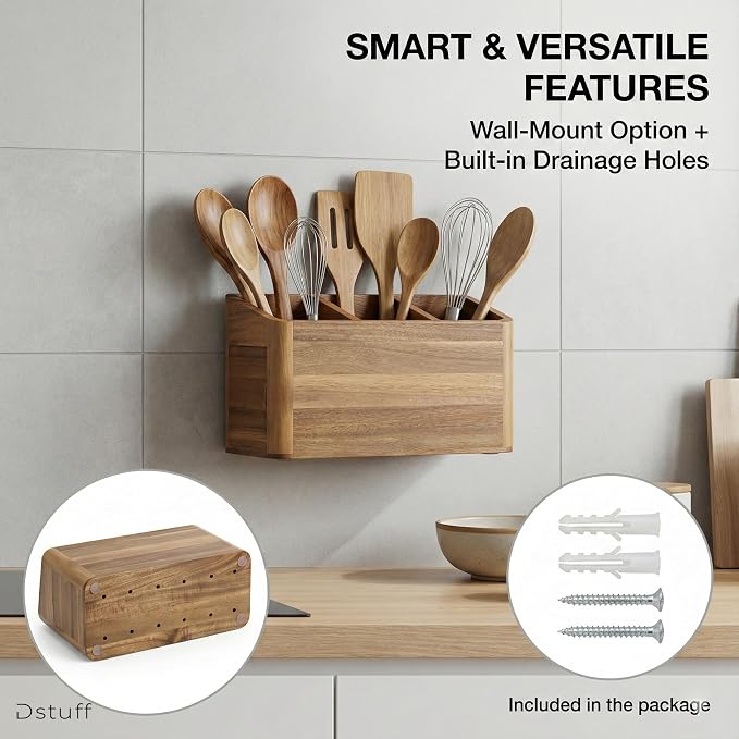 Dstuff Large Kitchen Utensil Holder Organizer for Counter or Countertop, Large Wooden Utensil Holder for Storage Cooking and Silverware with 3 Compartment, Acacia Rustic Wood Container Extra Large - Image 4