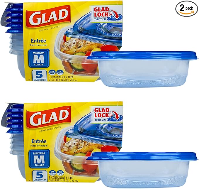 Glad GladWare Entree Food Storage Containers, Medium, 25 Oz, 5 Count, 2-Pk | Lock-tight seal for meal prep and lunches; microwave and dishwasher safe by GladTrashFoodStorage