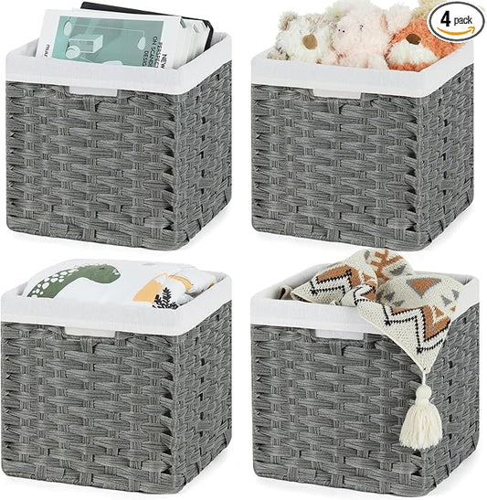 Bidtakay Wicker Storage Baskets for Organizing 4-Pack Hand-Woven Imitation Dark Grey Wicker Cube Storage Bins with Liners for Shelves Closet Cabinet 11x11 Waterproof Cube Organizer for Pantry by BidtakayBaskets