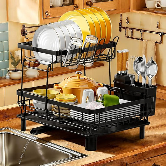 MOUKABAL 2 Tier Dish Drying Rack with Drainboard for Kitchen Counter, Black | 13×17 Large Capacity/Rustproof Stainless Steel/Fast Drainage Dish Drainer/Removable Utensil Holder/Kitchen Counter Organizer by MOUKABALGREATHELPER