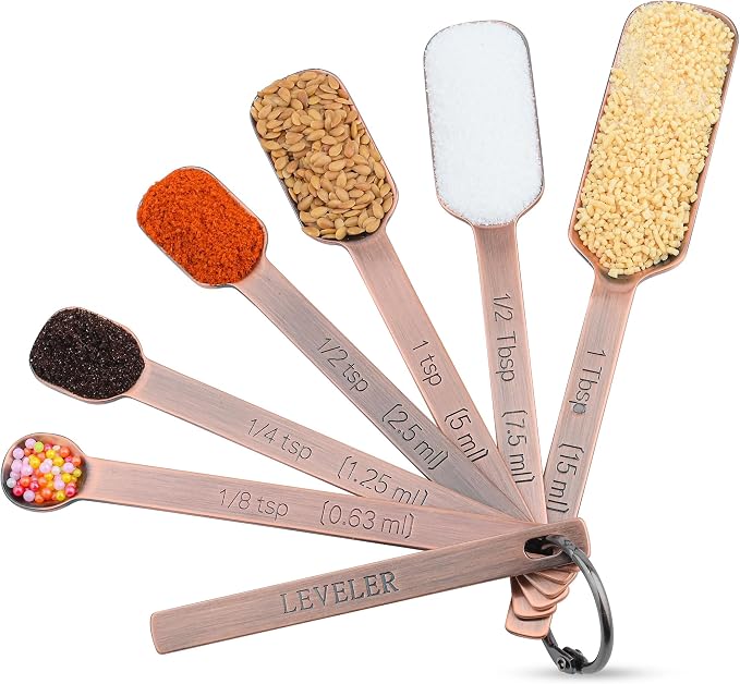 Copper Measuring Cups and Spoons Set 14, Stainless Steel Measuring Cups and Spoons set for Kitchen & Baking, 7 US & Metric Measure Cups & 6 Long Handle Spice Measuring spoons & 1 leveler - Image 3