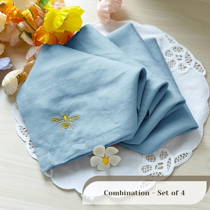 DerF HOME Cloth Napkins 100% Pure Linen, Light Blue, Set of 4, 18x18 | Embroidered, Handcrafted with Flax, Machine Washable, Soft & Durable - Image 2