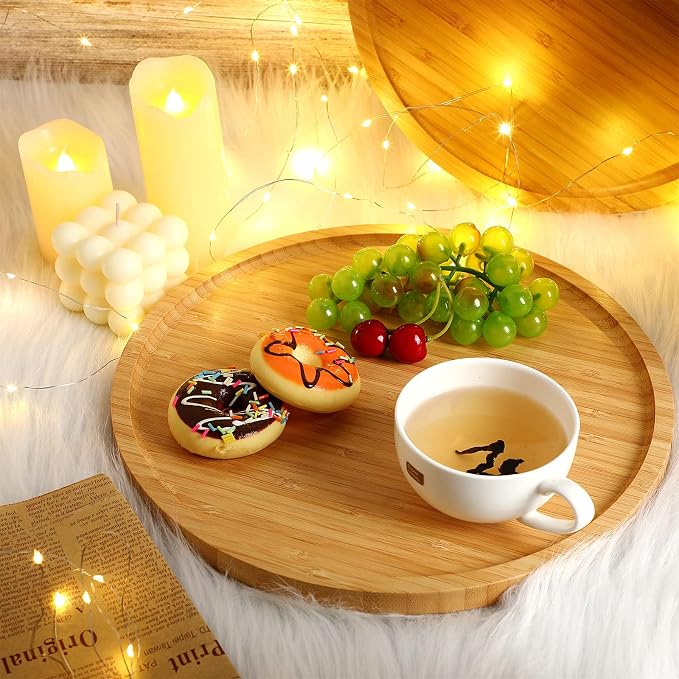 Bamboo Tray - 5 Pcs Wood Plates, Round Charcuterie Board & Serving Platter with Rim for Kitchen, Fruit, Bread, Salad, Coffee Table, Home, Hotel, Restaurant (8 Inch) - Image 2
