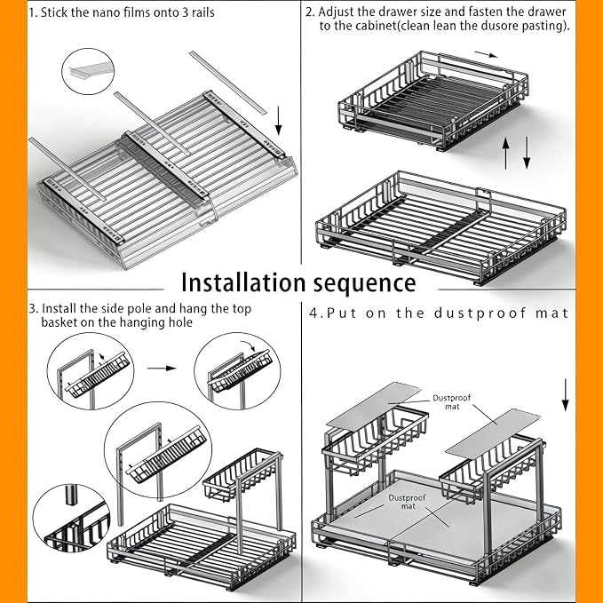 Under Sink Organizer, 1 Pack 2-Tier Expandable Pull Out Storage with Ball-Bearing Slides, Height Adjustable for Kitchen Bathroom Cabinet, Black - Image 7
